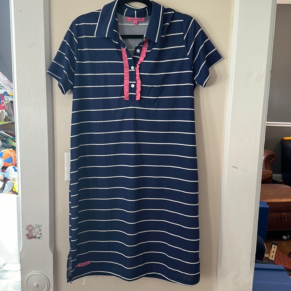 SIMPLY SOUTHERN Polo Shift DRESS Navy Striped PREPPY Pink Ruffle NWOT size XXL